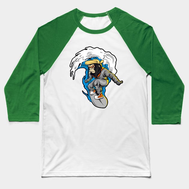 Monkey surfer waves Baseball T-Shirt by Mako Design 